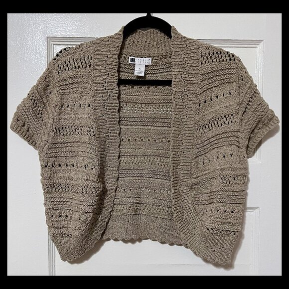Carole Little Womens Beige Knit Cap Sleeve Open Front Crop Bolero Top XL EUC - Picture 1 of 2